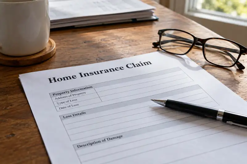 Home insurance claim form on a desk with a pen and glasses, for a water damage claim in Bothell, WA